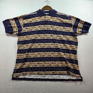 Woolrich Mens Large Trout Fish Fishing Lure Print Polo Shirt Navy Blue Cotton